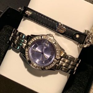 GUESS😍SET~SILVER CLOCK😍LEATHER/SILVER BRACELET😍
